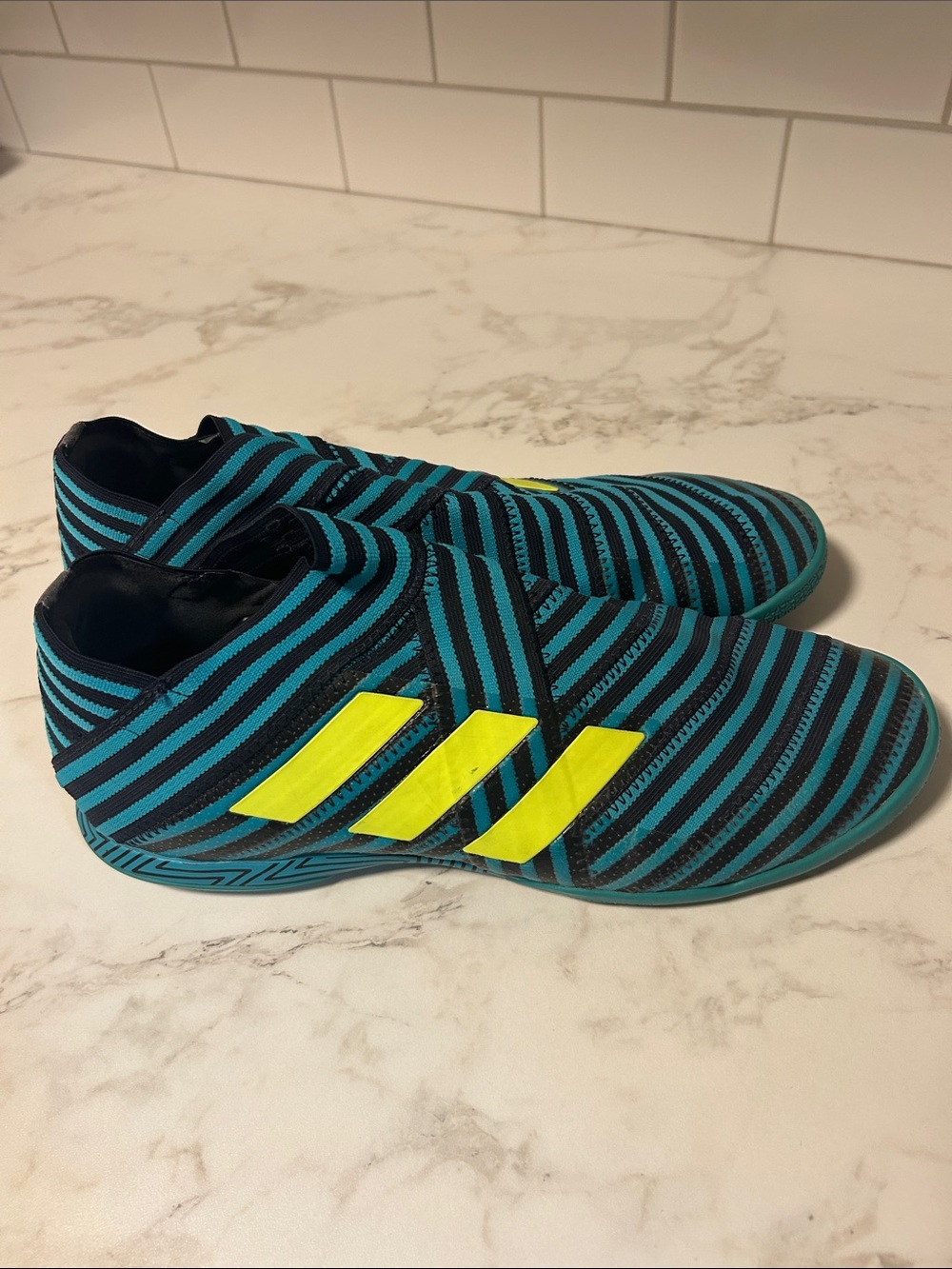 Men’s Adidas Nemeziz Slip-On Soccer Shoes in Teal and Neon Yellow